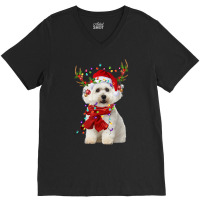 Santa Maltese Dog Reindeer Christmas Lights T Shirt V-neck Tee | Artistshot