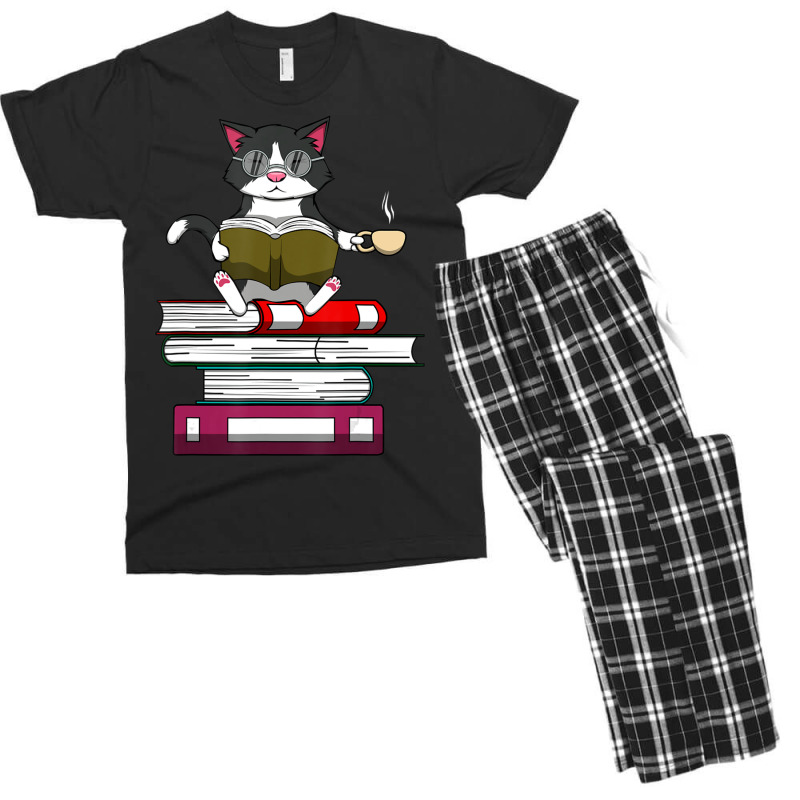 Trending Kitty Reading Books Cat And Coffee Men's T-shirt Pajama Set by bummercaught | Artistshot