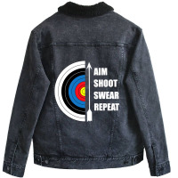 Archery Aim Shoot Swear Repeat Target Arrow Funny Unisex Sherpa-lined Denim Jacket | Artistshot