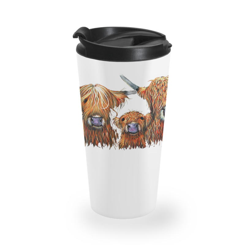 Cow Print Scottish Highland  We 3 Coos On Grey  By Shirley Macarthur B Travel Mug | Artistshot