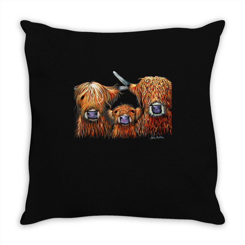 Cow Print Scottish Highland  We 3 Coos On Grey  By Shirley Macarthur B Throw Pillow | Artistshot