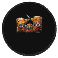 Cow Print Scottish Highland  We 3 Coos On Grey  By Shirley Macarthur B Round Patch | Artistshot