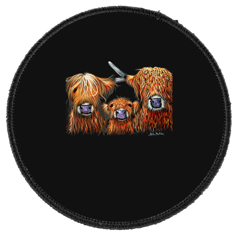 Cow Print Scottish Highland  We 3 Coos On Grey  By Shirley Macarthur B Round Patch | Artistshot