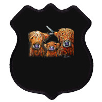 Cow Print Scottish Highland  We 3 Coos On Grey  By Shirley Macarthur B Shield Patch | Artistshot