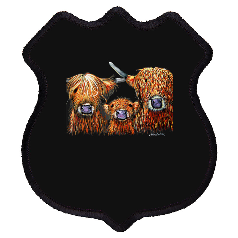 Cow Print Scottish Highland  We 3 Coos On Grey  By Shirley Macarthur B Shield Patch | Artistshot