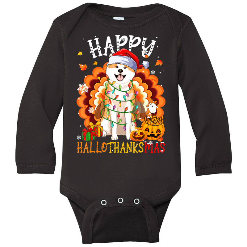 Hot Trend Happy Hallothanksmas Akita Inu Thanksgiving Xmas Long Sleeve Baby Bodysuit by hongquangd | Artistshot