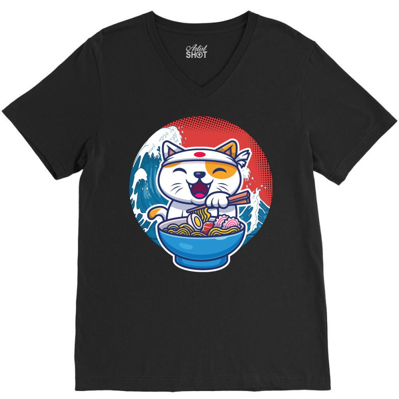 Ramen Wave Cat Kawaii Humor Retro V-Neck Tee by koorenayoubq | Artistshot