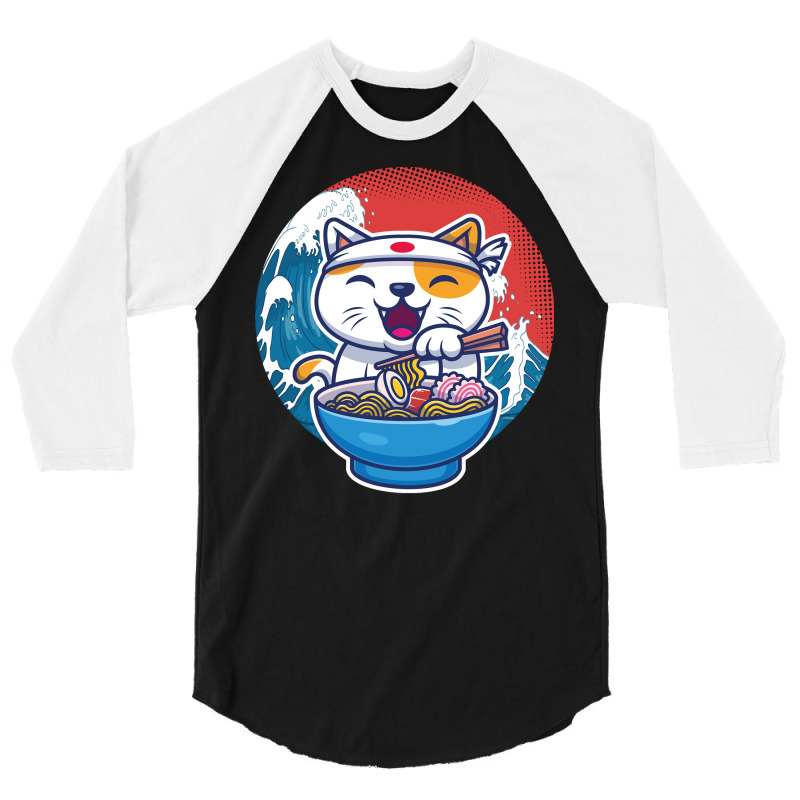 Ramen Wave Cat Kawaii Humor Retro 3/4 Sleeve Shirt by koorenayoubq | Artistshot