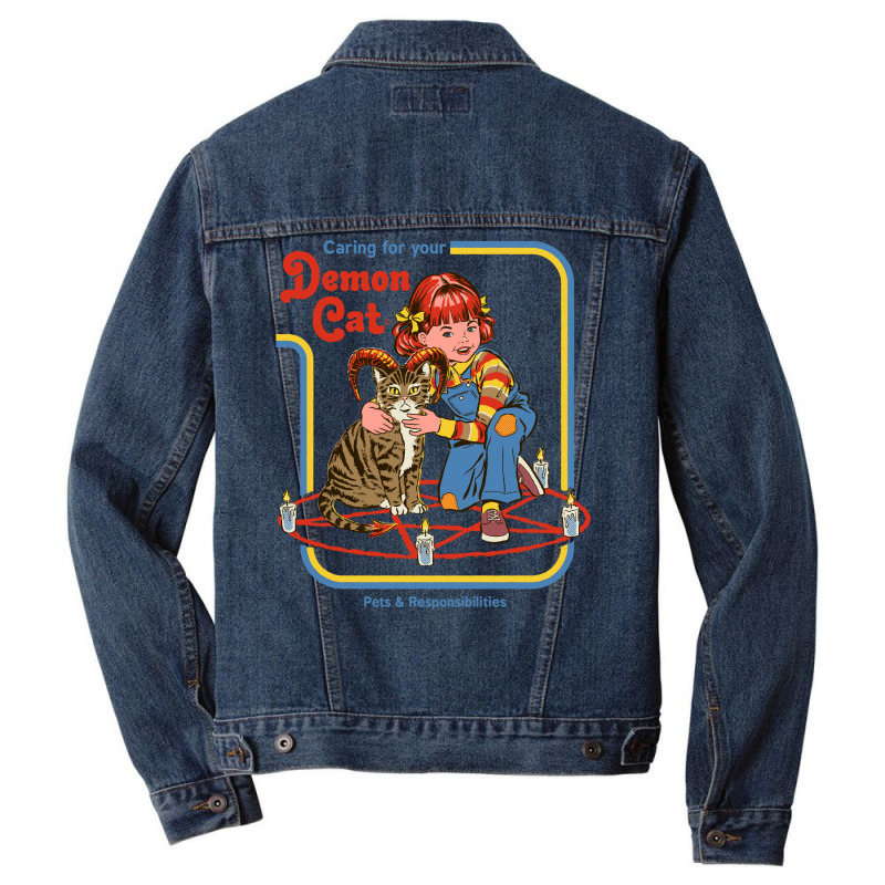 Caring For Your Demon Cat Vintage Men Denim Jacket by deurinnipahy | Artistshot