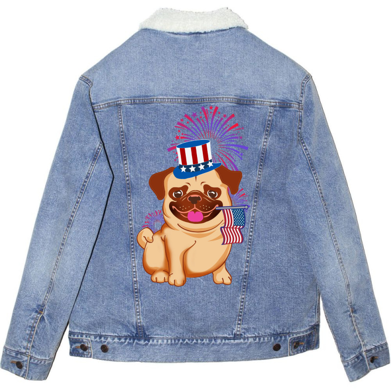 Usa America Pug Dog American July 4th Independence Blue Red Unisex Sherpa-Lined Denim Jacket by zemkamajoor1 | Artistshot