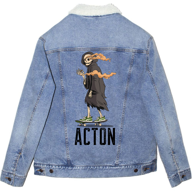 Limited Edition Acton Los Angeles California, Skeleton On A Skateboard Unisex Sherpa-lined Denim Jacket | Artistshot