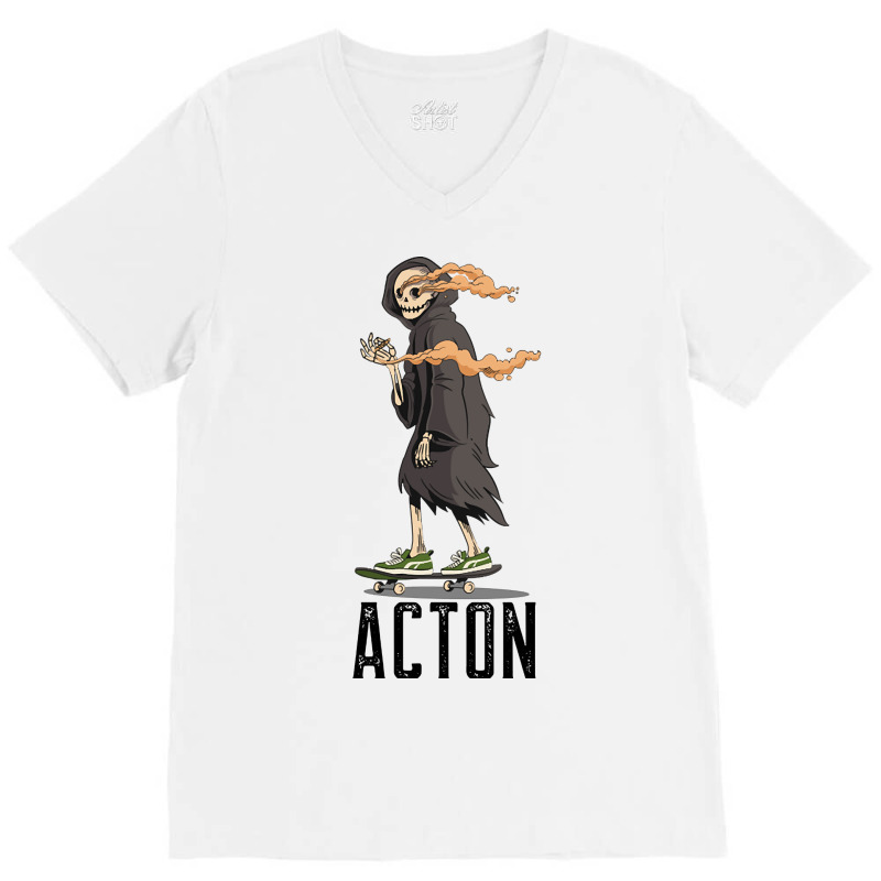 Limited Edition Acton Los Angeles California, Skeleton On A Skateboard V-neck Tee | Artistshot