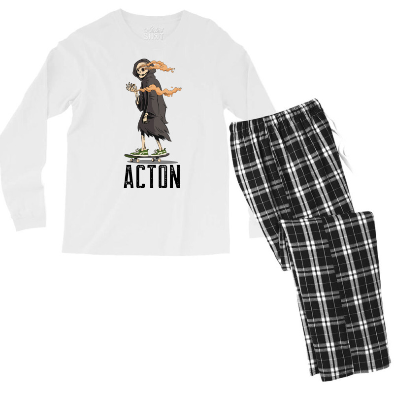 Limited Edition Acton Los Angeles California, Skeleton On A Skateboard Men's Long Sleeve Pajama Set | Artistshot