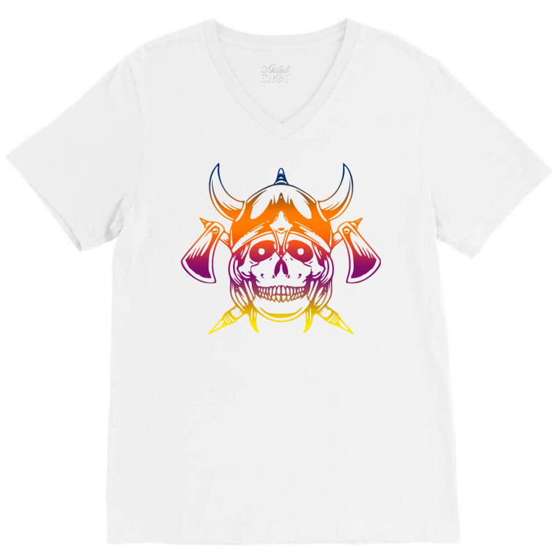 Multicolored Scandinavian Viking Skull In Helmet With Crossed Axes Mod V-neck Tee | Artistshot