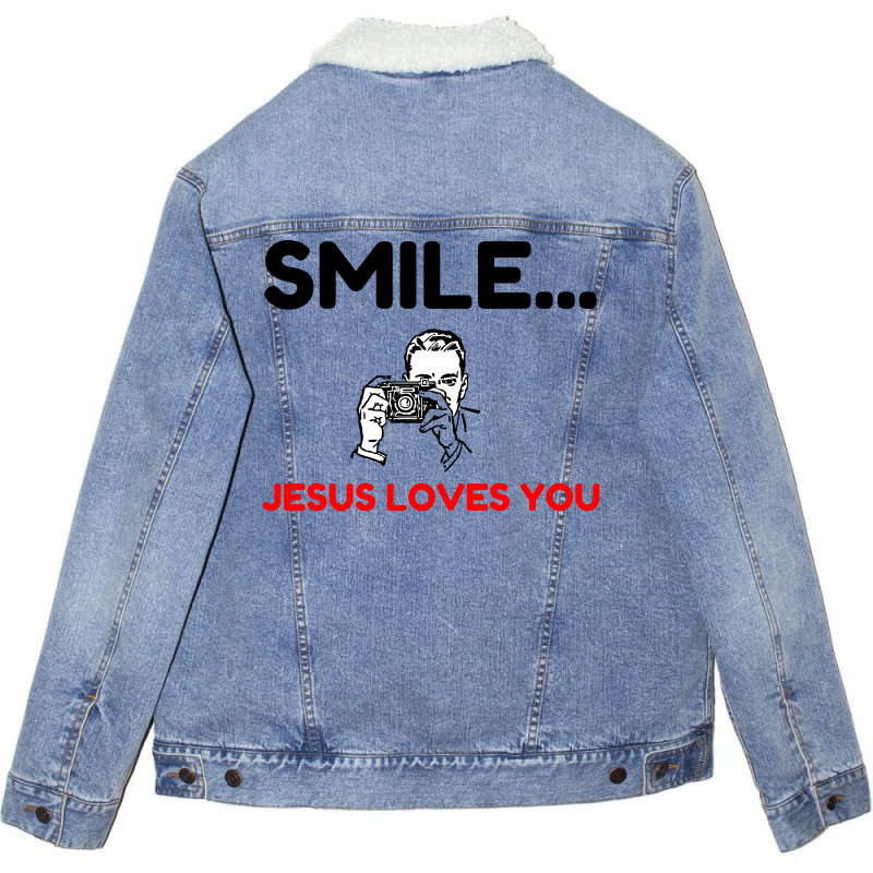 Smile Jesus Loves You Unisex Sherpa-Lined Denim Jacket by Perfect Designers | Artistshot