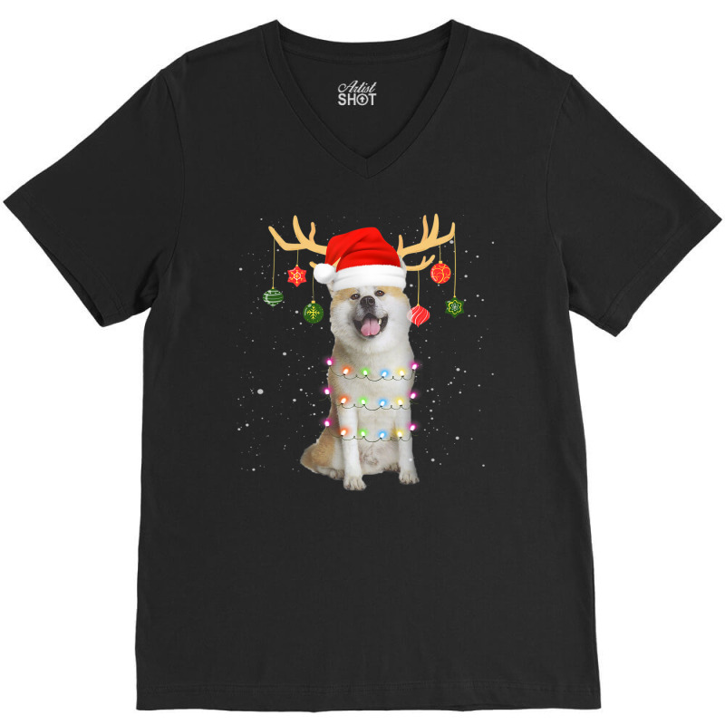 Limited Edition Reindeer Akita Dog With Santa Hat Christmas Light Xmas V-neck Tee | Artistshot