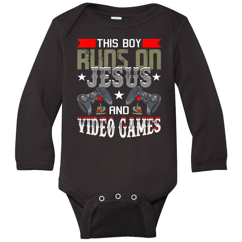 This Boy Runs On Jesus And Video Games Funny Gaming Gift Long Sleeve Baby Bodysuit by idreezaldawex | Artistshot