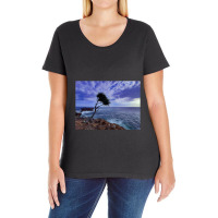 A Palm Tree On Rock Plateau With A Rock Island In The Sea Ladies Curvy T-shirt | Artistshot