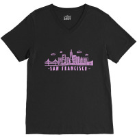 Womens San Francisco California Pink Vintage Skyline V-neck Tee | Artistshot