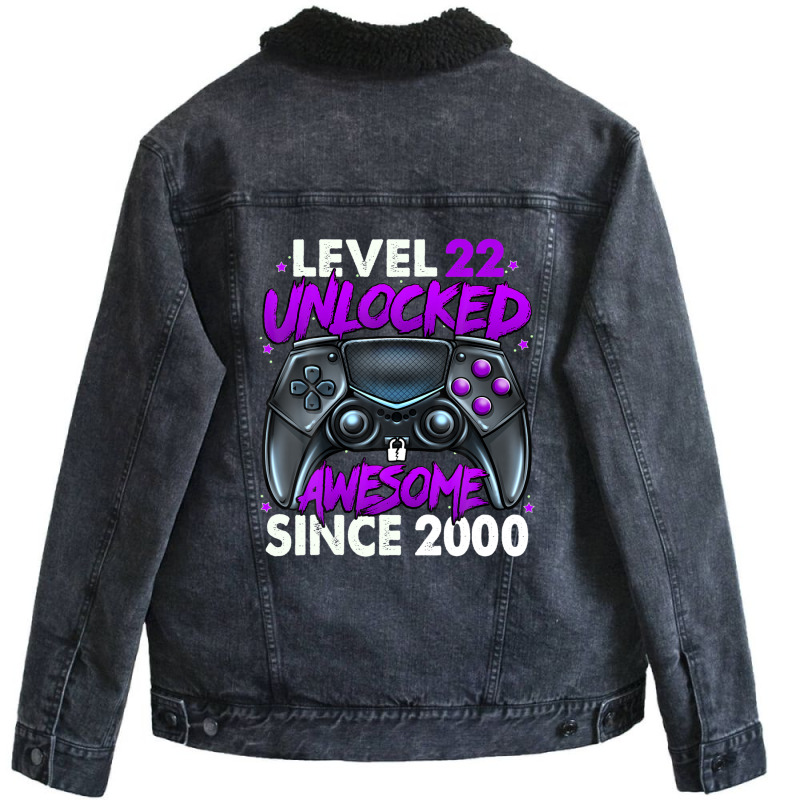 Level 22 Unlocked Awesome Since 2000 22nd Birthday Gaming Unisex Sherpa-lined Denim Jacket | Artistshot