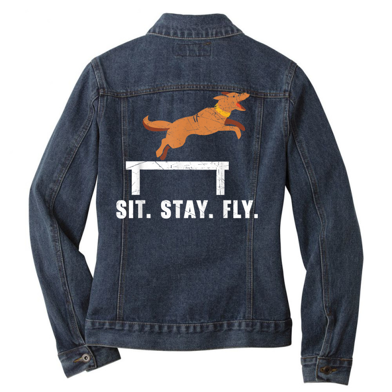 Sit Stay Fly Dock Diving Canine Water Sport Dock Diver T Shirt Ladies Denim Jacket by kylrahal8pot | Artistshot