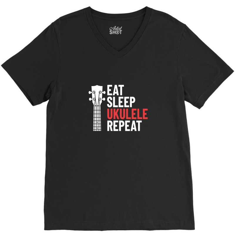 Eat Sleep Ukulele Repeat Ukulele Headstock Dark Theme V-Neck Tee by JamesBurges | Artistshot