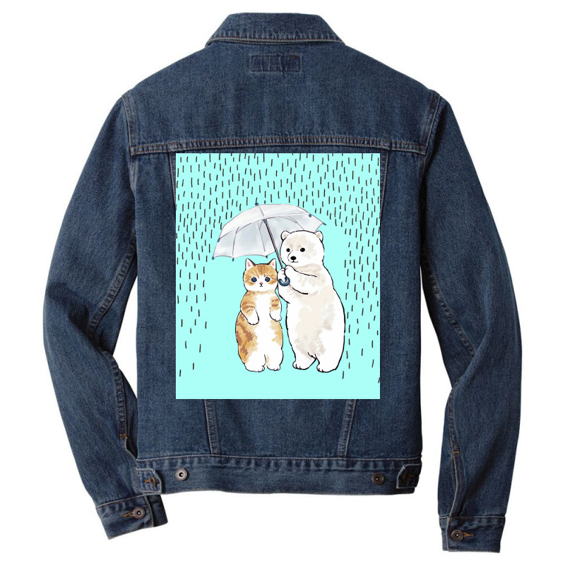 Cute Cat And White Bear In The Rain Poster Girl Men Denim Jacket | Artistshot