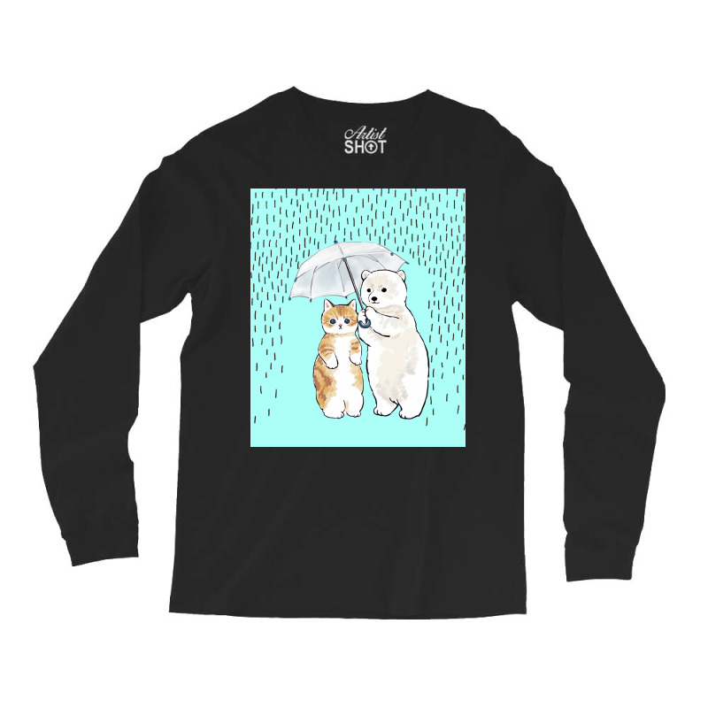 Cute Cat And White Bear In The Rain Poster Girl Long Sleeve Shirts | Artistshot