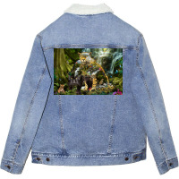 Jaguar Waterfall Jungle Poster Red Unisex Sherpa-lined Denim Jacket | Artistshot