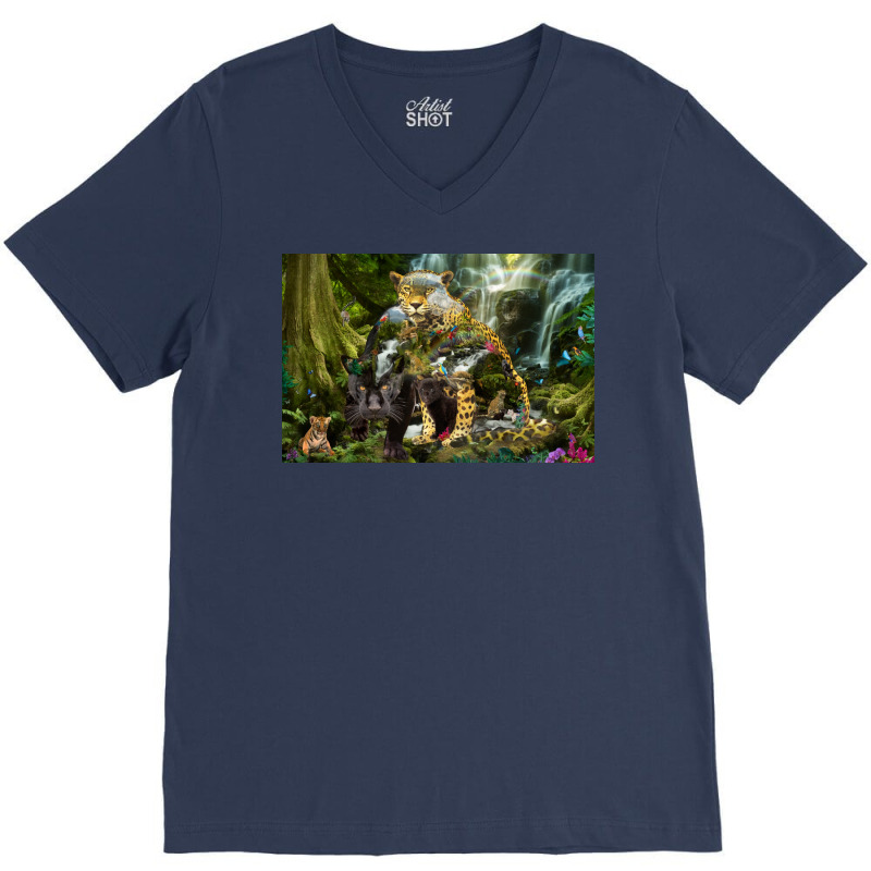 Jaguar Waterfall Jungle Poster Red V-neck Tee | Artistshot