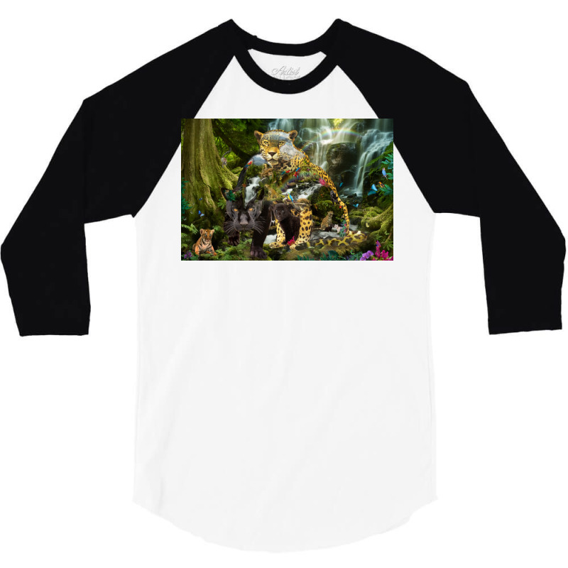 Jaguar Waterfall Jungle Poster Red 3/4 Sleeve Shirt | Artistshot