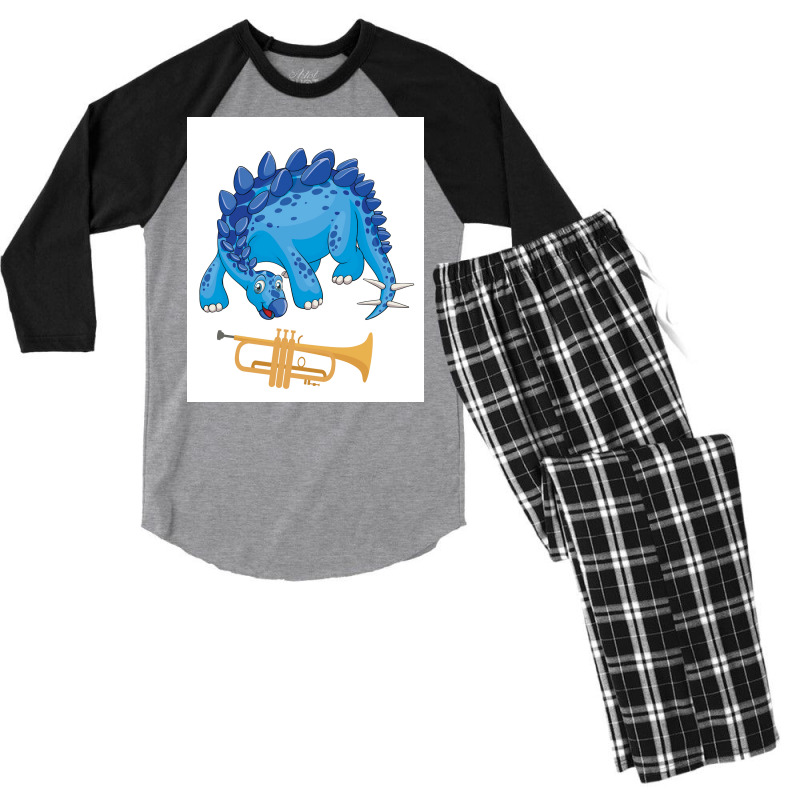 Dinosaur Playing Trumpet Funny Good Dinosaur Trumpet Lovers Cute Blue Men's 3/4 Sleeve Pajama Set | Artistshot