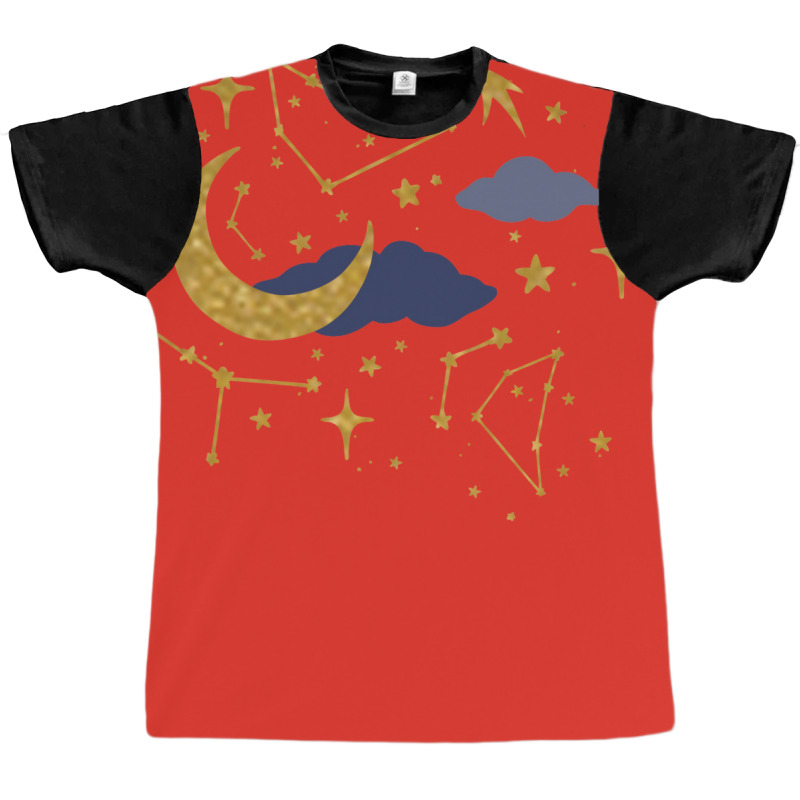 Celestial Stars And Moons In Gold And Dark Blue Graphic T-shirt by mannoakciu | Artistshot