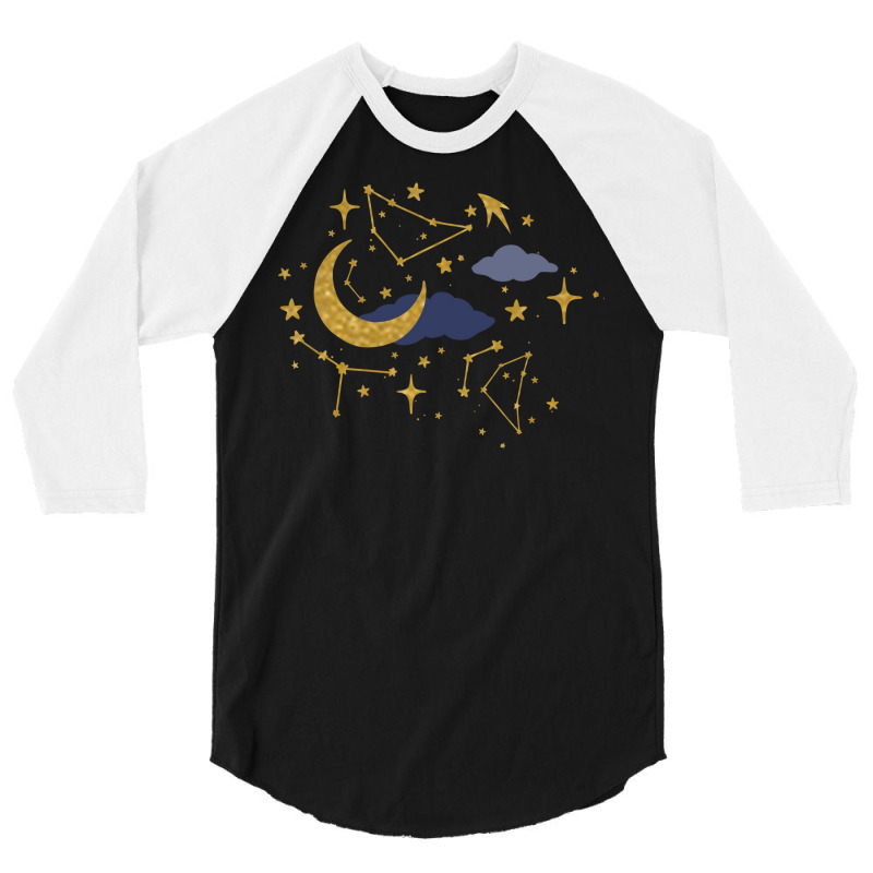 Celestial Stars And Moons In Gold And Dark Blue 3/4 Sleeve Shirt by mannoakciu | Artistshot