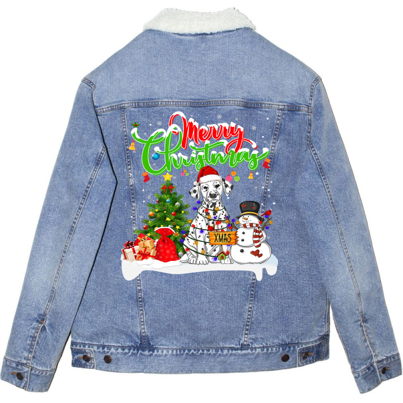 Dalmatian Dog Xmas Lighting Matching Santa Dalmatian Dog Wearing Chris Unisex Sherpa-Lined Denim Jacket by AURRADILLARD | Artistshot