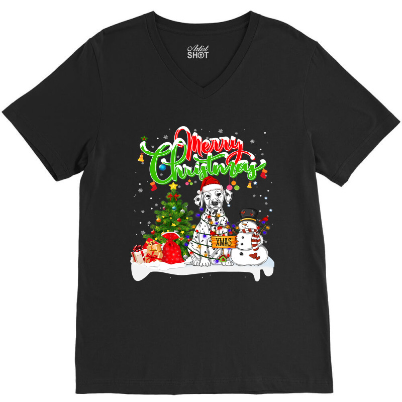 Dalmatian Dog Xmas Lighting Matching Santa Dalmatian Dog Wearing Chris V-Neck Tee by AURRADILLARD | Artistshot