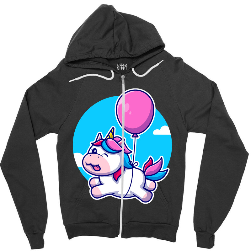 Limited Edition Cute Unicorn Floating With Balloon Cartoon Zipper Hoodie | Artistshot