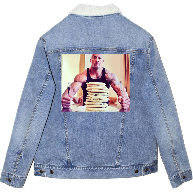 Dwayne The Rock Johnson Eating Blueberry Pancakes Poster Unisex Sherpa-Lined Denim Jacket by AbeaJuanje | Artistshot