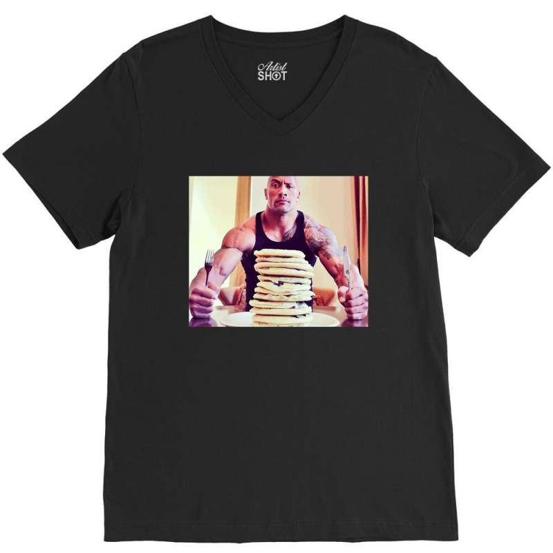 Dwayne The Rock Johnson Eating Blueberry Pancakes Poster V-Neck Tee by AbeaJuanje | Artistshot