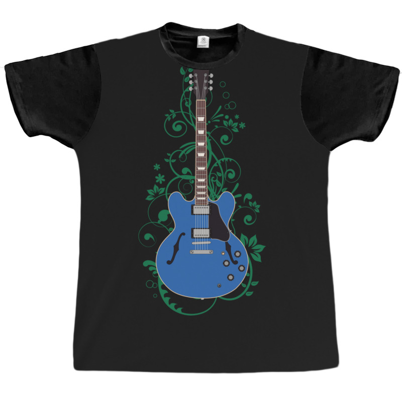 Blue Semihollow Electric Guitar Flowering Vines Graphic T-shirt | Artistshot