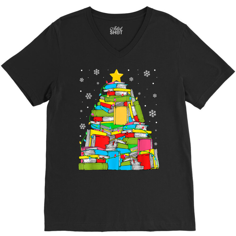 Library Christmas Tree Librarian X Mas Lights Book Lover T Shirt V-Neck Tee by kylrahal8pot | Artistshot