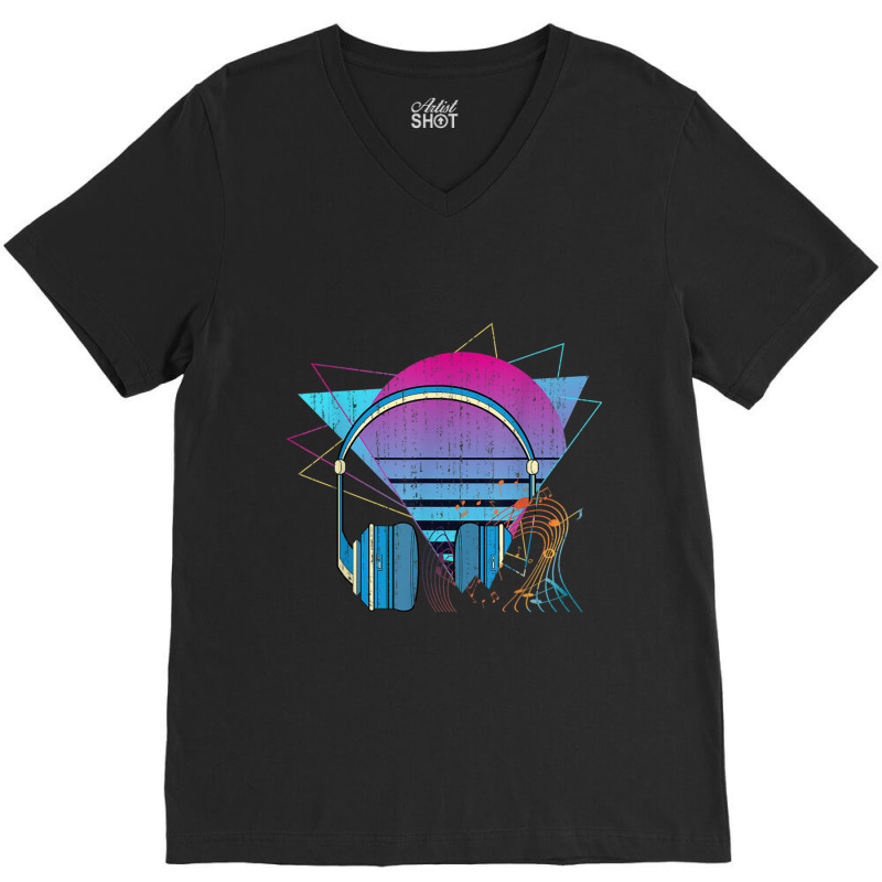 80s Art Vaporwave Aesthetic Headphones Synthwave Retro Music Classic V-neck Tee | Artistshot