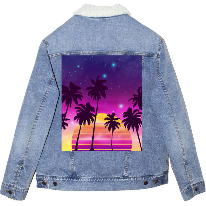 Incredibly Vibrant Sunset Synthwave Unisex Sherpa-lined Denim Jacket | Artistshot