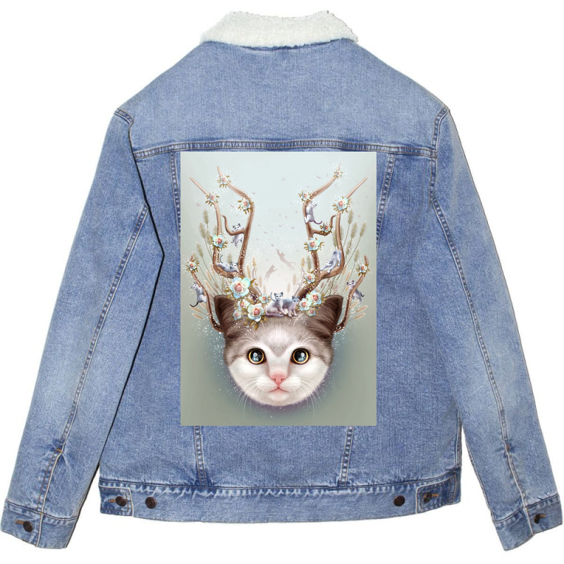 Kitten Horns Up Poster Aesthetic Unisex Sherpa-lined Denim Jacket | Artistshot