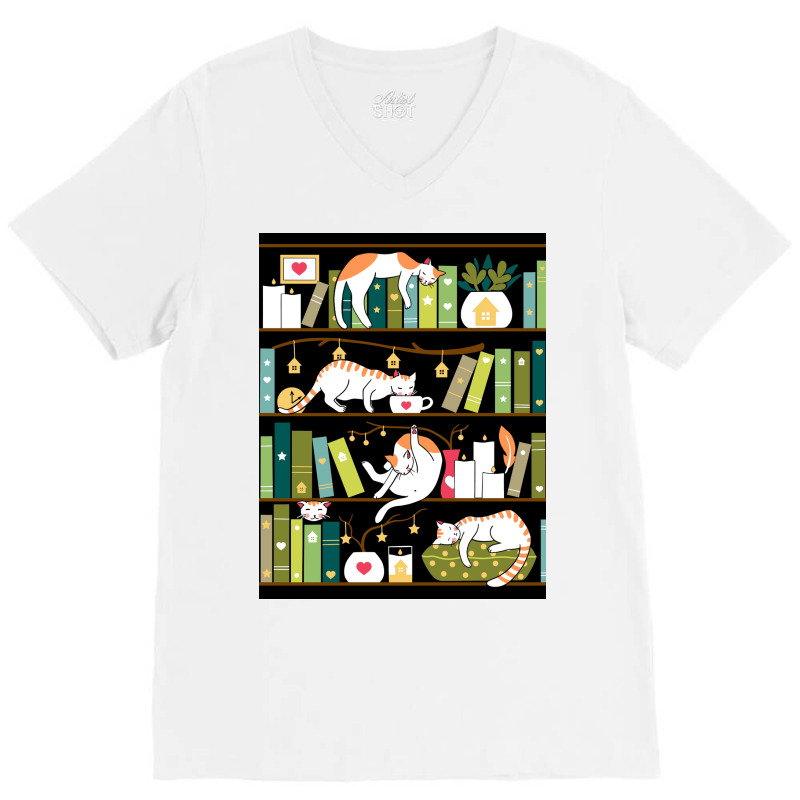 Library Cats Whimsical Cats On The Book Shelves Poster V-neck Tee | Artistshot