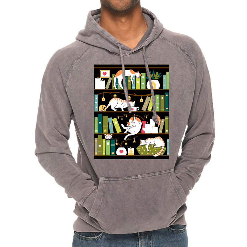 Library Cats Whimsical Cats On The Book Shelves Poster Vintage Hoodie | Artistshot