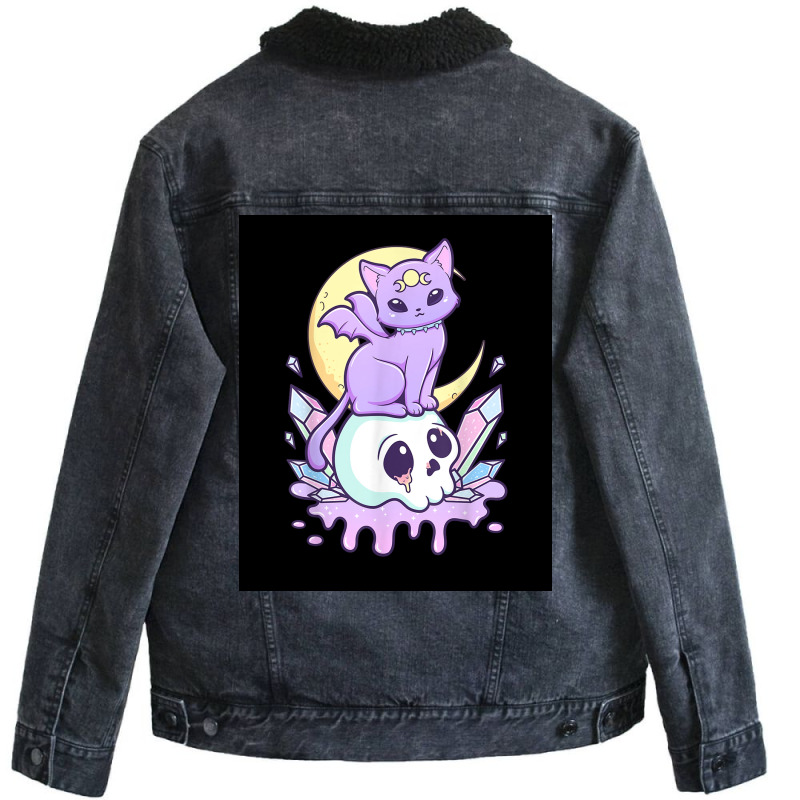 Kawaii Pastel Goth Cute Creepy Witchy Cat And Skull Poster Quote Unisex Sherpa-Lined Denim Jacket by globossterkyc | Artistshot