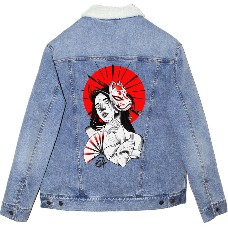 Japanese Geisha Samurai Fox Mask Red Sun Unisex Sherpa-lined Denim Jacket | Artistshot