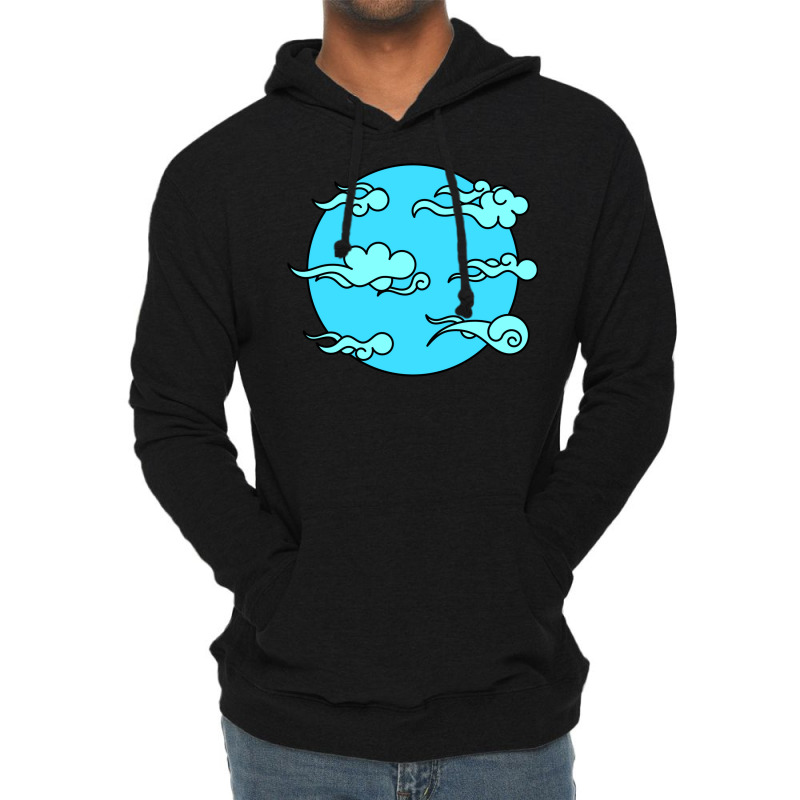 Japanese Wind Clouds Line Art Sky Blue Lightweight Hoodie | Artistshot