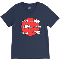 Japanese Wind Clouds Line Art With Red Sun And White Clouds V-neck Tee | Artistshot